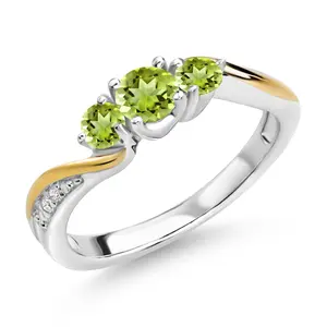 925 Sterling Silver and 10K Yellow Gold Green Peridot and White Lab Grown Diamond 3 Stone Engagement Ring For Women (0.57 Cttw, Gemstone August Birthstone)