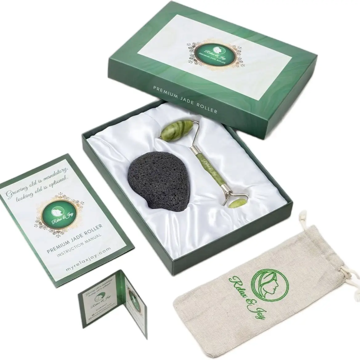 Real 100% Natural Jade Roller for Face with Konjac Sponge - Anti-Aging Massage Tool for Puffiness, Wrinkles, and Fine Lines - Comfort, Skincare
