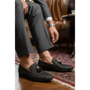 Barabas WHEN IN ROME Tassel Loafers - Black Leather Flat Shoes with Greek Key Pattern Tassel Detail Comfortable Design for Walking Footwear Boy Slipon Rubber Sole Ideal Gifts for Men Bedroom Women