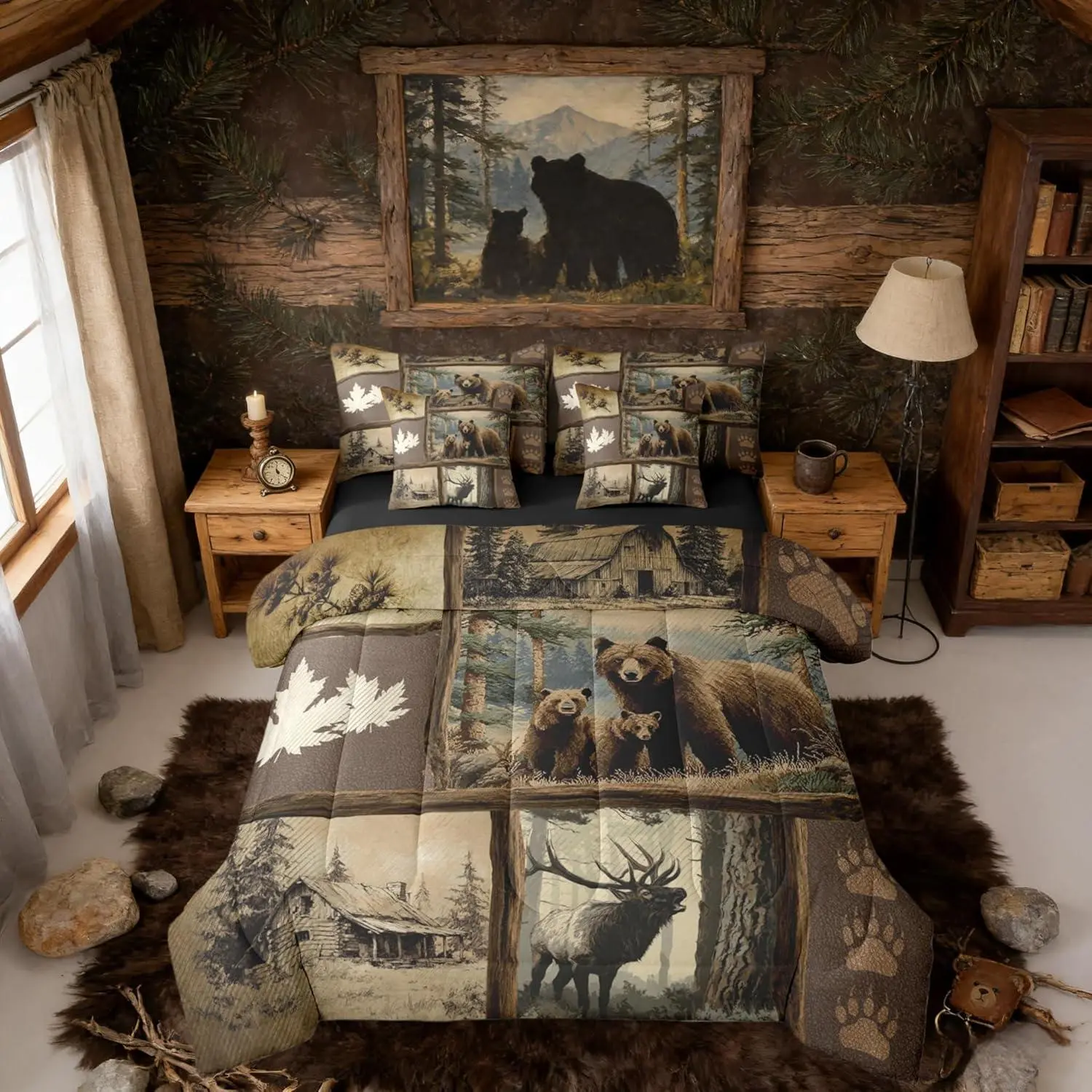 Grizzly Bear Deer Plaid 7 Piece Comforter Bed Set,Rustic Farmhouse Cabin Bedding Set,Kids Boys Men,Country Maple Leaf Bed Bag with Sheets,Hunting Bed Set, Bed Comforter Set, Ultra Soft