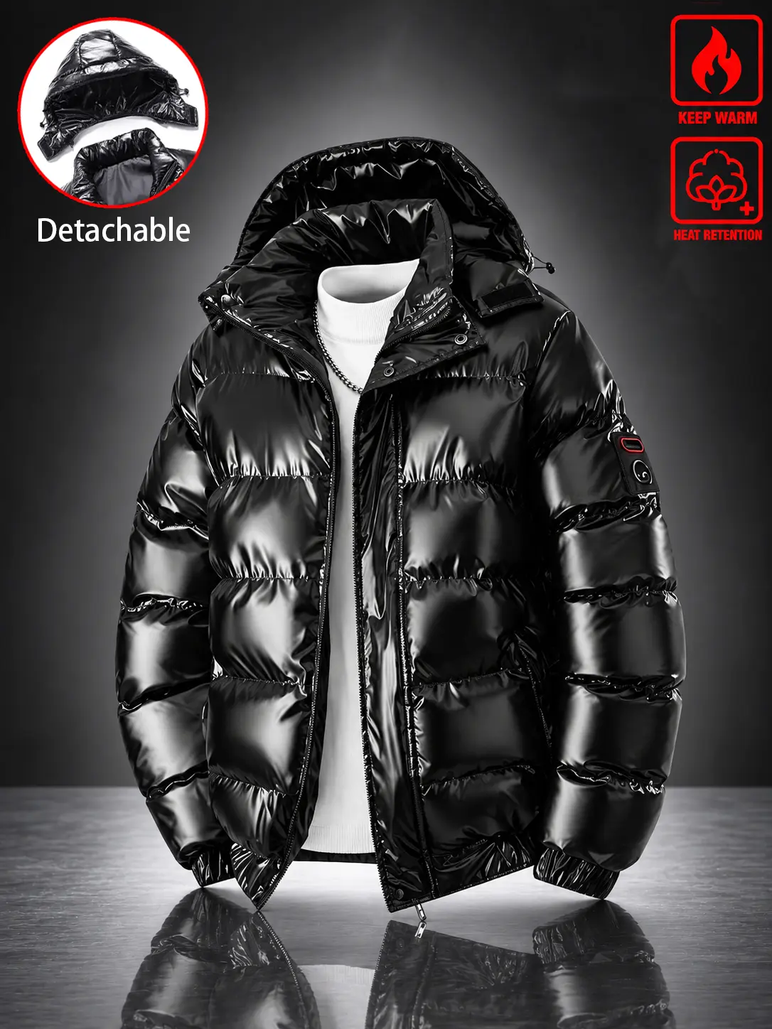 Men's Shiny Windproof Winter Jacket with Detachable Hood, Glossy Zip Up Warm Coat, Quilted Hooded Outerwear for Men, Casual Cold Weather Jacket, Streetwear Fashion Coat for Daily Wear and Outdoor Use!