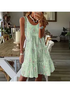 U-Neck Sleeveless Tiered Bohemian Dress, Abstract Print, Casual Loose Fit, Summer