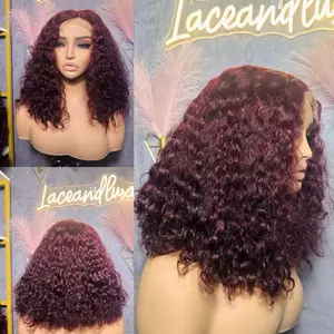 LaceandLuxe 99j Burgundy Deep Wave 14” 5x5 Human Hair Curly Wig Natural Look for Versatile Style