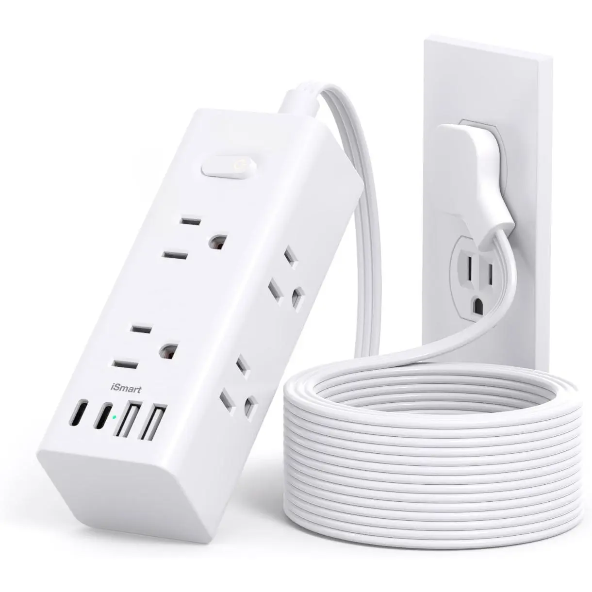10Ft Extension Cord with Multiple Outlets,Flat Plug Power Strip | Surge Protector with 10 Ft Long Cord,6 Outlet 4 USB Ports (2USB C),Multi Outlet Wall Plug for Travel,College,Dorm Essentials