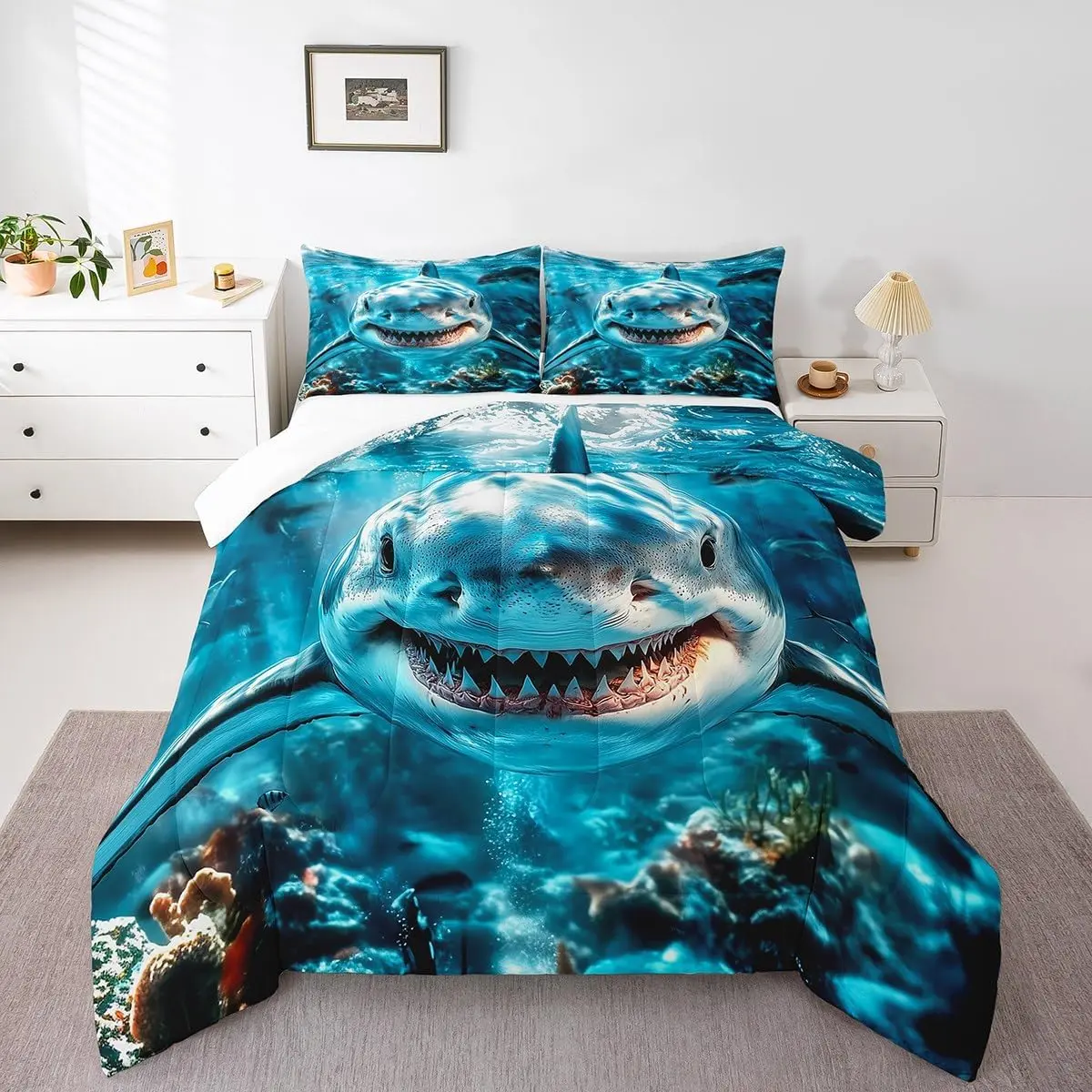 Kids Shark Comforter Set,Ocean Sea Animal Bedding Set Sea Underwater World Duvet Insert Bedroom Decor 1