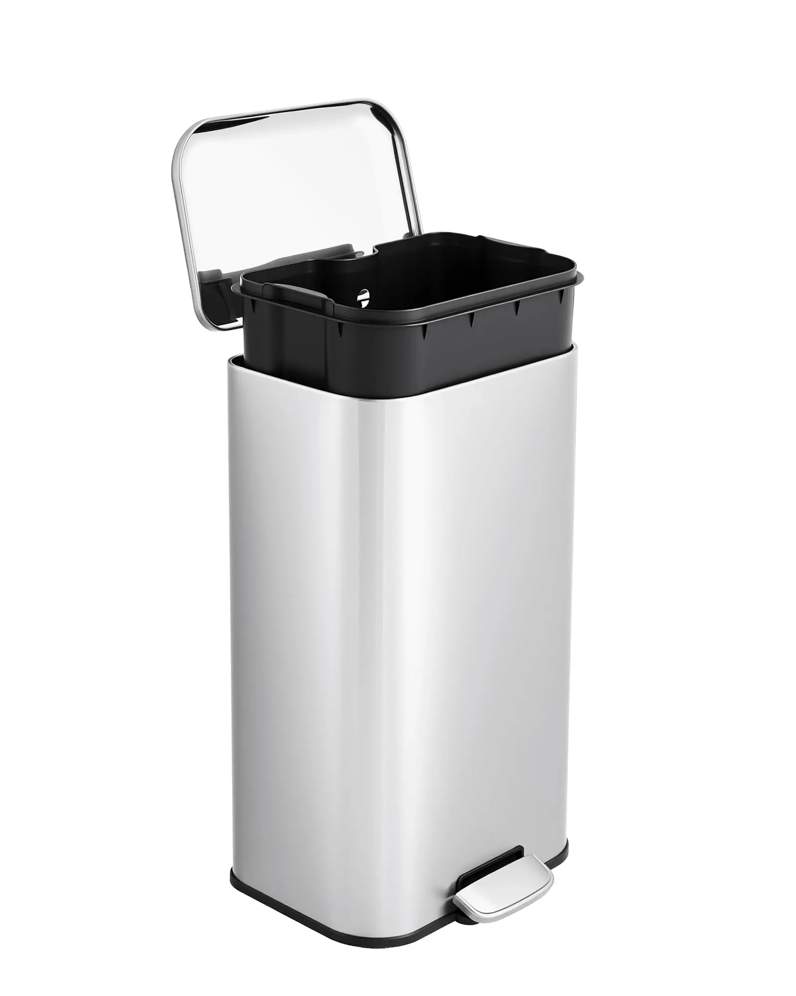 Garvee 8 Gallon Kitchen Trash Can with Soft-Close Lid, Stainless Steel Recycling Bin Featuring Removable Inner Bucket, Rectangular Waste Container Ideal for Living Room and Office Use in Silver