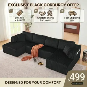 Elseady 132" Modular U-Shaped Sectional Sofa , Plush Corduroy Cloud Couch with Double Chaise , No Assembly, High-Resilient Memory Foam & Pocket Springs , 1200 lbs Heavy-Duty Living Room Set apartment indoor furniture