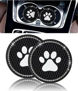 2PCS Bling Crystal Paw Car Coasters for Cup Holders, Rhinestone Car Interior Accessories ( Black)