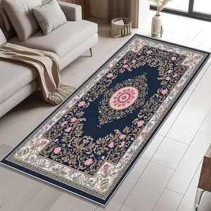 European Persian-style long strip rug with dark blue floral patterns. This lightweight and easy-to-clean folding rug is a washable and easy-to-maintain home decor rug suitable for hallways, stairs, bedrooms, bedside areas, kitchens, etc.