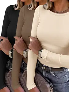 Women's 3-piece Long Sleeve Solid Color T-shirt Set, Casual Fall & Winter Wear, Comfortable Fit Tops, Womenswear, Fitted, Medium