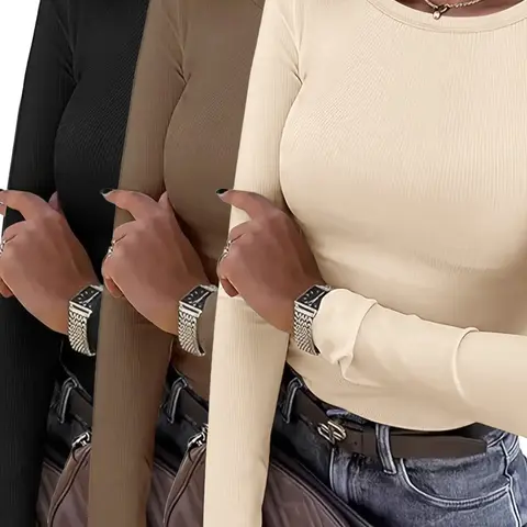 Women's 3-piece Long Sleeve Solid Color Basic T-shirt Set, Casual Fall & Winter Wear, Comfortable Fit Tops, Womenswear, Fitted, Medium, Minimalist