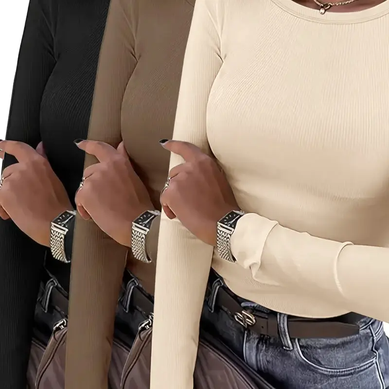 Women's 3-piece Long Sleeve Solid Color Basic T-shirt Set, Casual Fall & Winter Wear, Comfortable Fit Tops, Womenswear, Fitted, Medium, Minimalist