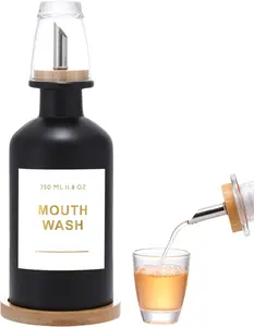 11.8OZ Glass Mouthwash Dispenser for Bathroom with Stainless Steel &  Nozzle, Mouthwash Cup ,  Tray, and Elegant  Sticker.(Black)