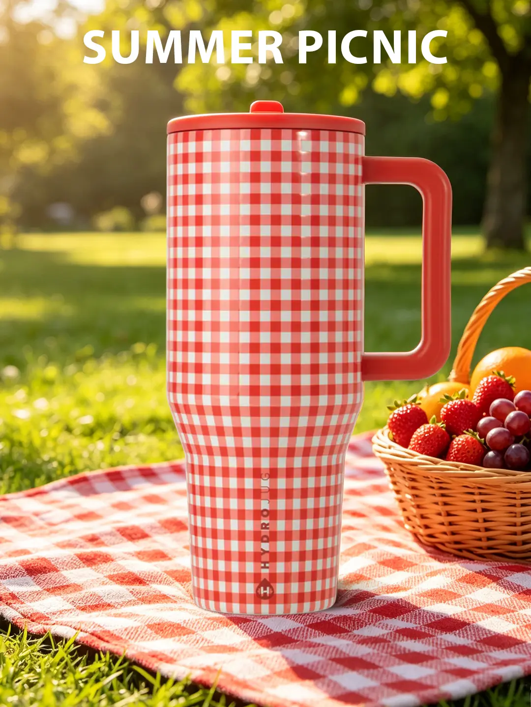 HYDROJUG Traveler Tumbler 40oz Summer Picnic Classic Red And White Gingham Large Capacity Of Triple-Wall Insulated Stainless Steel With Straw Cup. Flip-Straw, Completely Leak-Proof. Built For Every Cookout, Road Trip, And Sunny Afternoon Ahead.