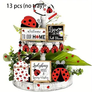 Ladybug Themed Tiered Tray Decoration Kit without Tray, 13pcs/set Wooden Crafts Decoration for Home, Spring Party Table Centerpieces, Home Decor, Ornaments