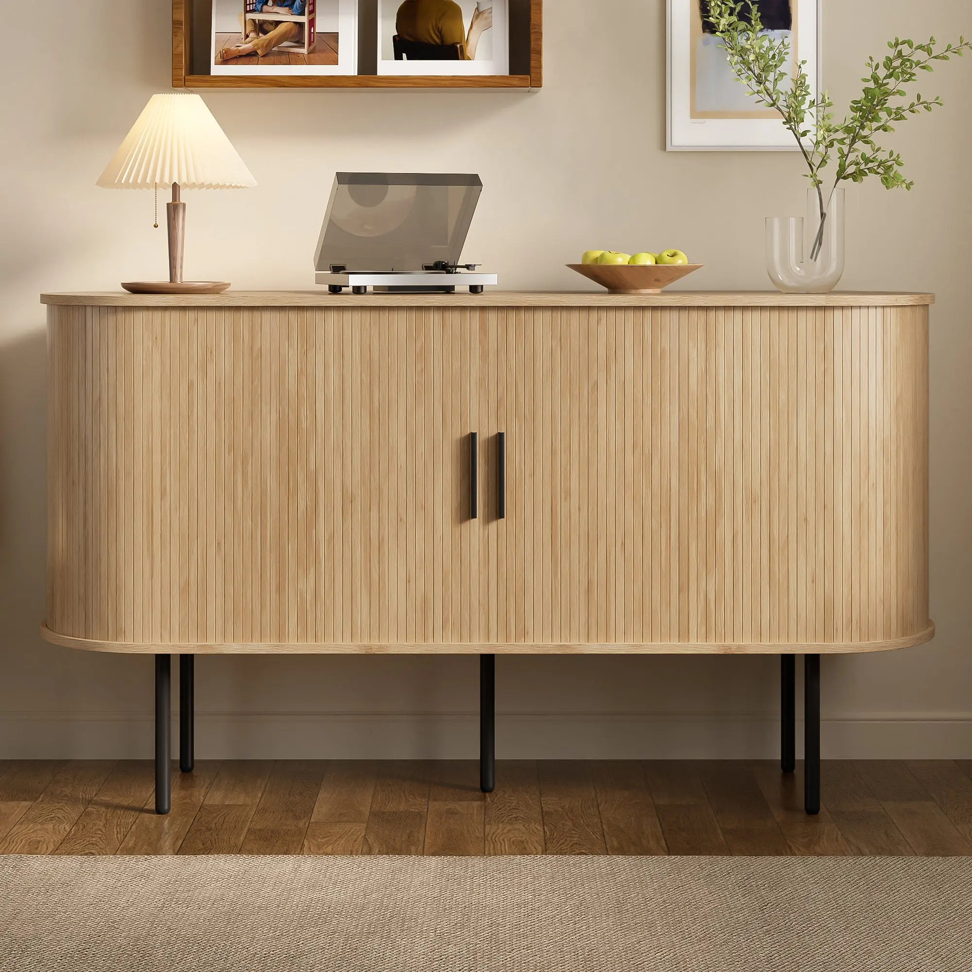 Modern MDF Sideboard With Roller Shutter Doors, Aluminum Handles & Iron Legs  Versatile Storage Cabinet For Living Room, Dining Room & Modern Decor