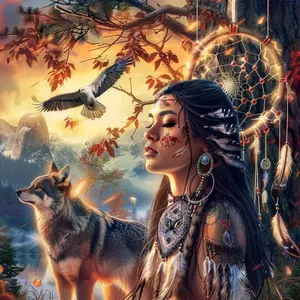Native American Girl With Wolf Eagle Dreamcatcher And Autumn Leaves, Diamond Pattern Design, 5D DIY Diamond Painting Kit Full Drill Diamonds Home Wall Decor Unique Gift