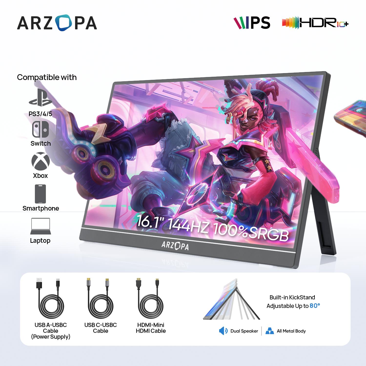 ARZOPA 16.1'' Portable Gaming Monitor 100% sRGB 144Hz&60Hz 1080P FHD Kickstand Portable Monitor External Second Screen f