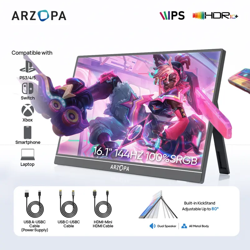 ARZOPA 16.1'' Portable Gaming Monitor 100% sRGB 144Hz&60Hz 1080P FHD Kickstand Portable Monitor External Second Screen for PS5 Xbox Laptop PC Switch