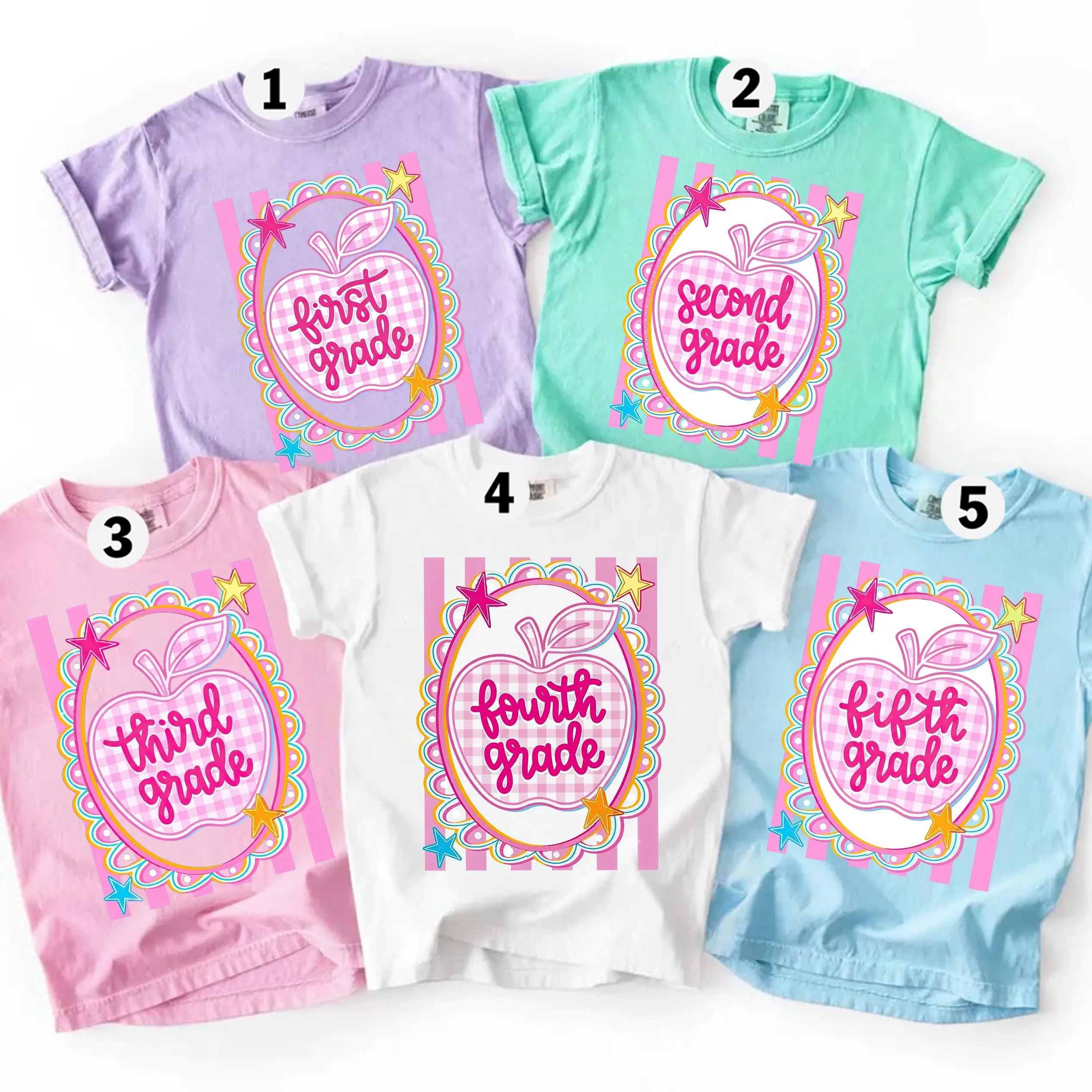 Preppy AppleBack To School Youth Tee, Pink Gingham Stripes Tee, Pre-K To Fourth Grade Tee, Back To School Tee, First Day Of School Shirt