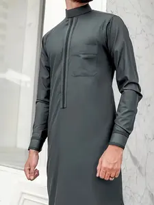 Men's Embroidered Mock Neck Robe, Loose Casual Long Sleeve Robe, Traditional Muslim Clothing for Daily Wear