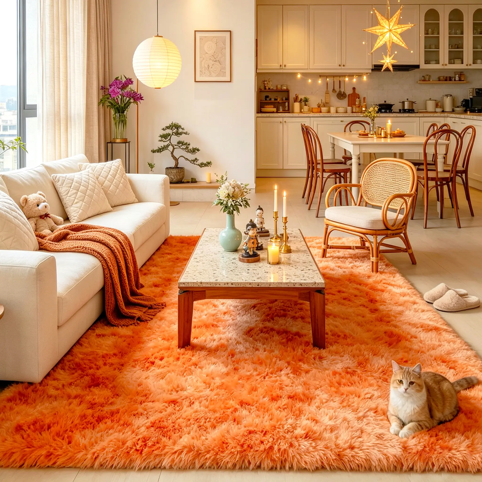 BOOPBEEP Soft Polyester Crochet Weave Shaggy Area Rug - 6x9 ft, 8x10 ft, Non-Slip, Anti-Fade, Luxury Fluffy Carpet for Living Room, Kid Room, Modern Home Decor Floor Covering, Fluffy Rug, 5X7 Ft