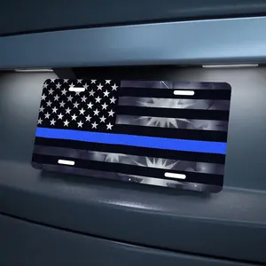 Thin Blue Line American Flag License Plate- 6x12 Inch Black and White Mountain Design, Funny Car Decor Dresser Label, Aluminum Material, Perfect for Home Decor, 2D Flat, For Decoration Only