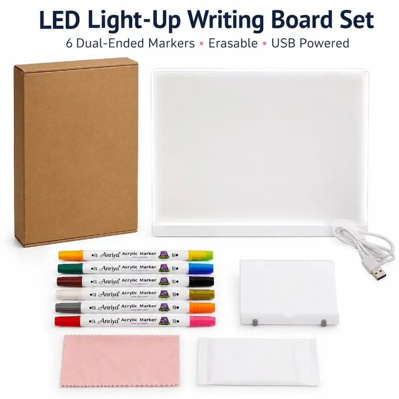Back to school shopping-Erasable Transparent Whiteboard Gift Set, LED Glow Acrylic Message Drawing Board with 6 Dual-Ended Dual-Color Markers, Foldable Stand, Cleaning Cloth & USB Cable, Rewritable Clear Lighted Memo Board, Creative Art Gift for Students