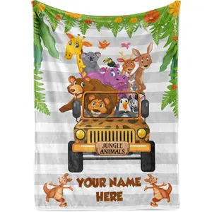 Personalized Jungle Animal Baby Blanket For Newborns And Toddlers, Plush, Warm, And Ultra Soft Throw With Giraffe, Koala, Kangaroos, And Lion, Designer Nursery Room Bedding, (Fleece 50X60)