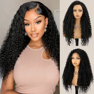 Natural Black Jerry Curly Lace Front Wig, Synthetic Human Hair Blend 13x4 Lace Front Wig for Women, 220% Density Pre Plucked Hairline Wig, Glueless Wear And Go Wig
