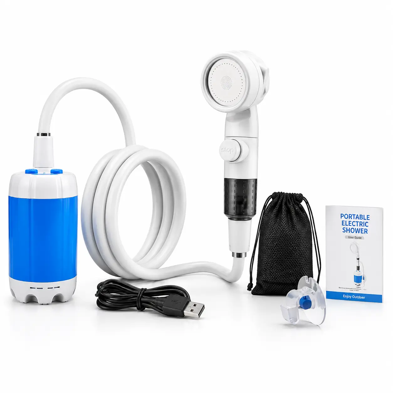 Portable Electric Camping Shower Kit - Rechargeable Camping Showerhead with 3-5 L/min Flow, 4000mAh Battery, 60+ Min Runtime, USB-C Port, Bucket-Convertible for RV Use, Outdoor Rinse
