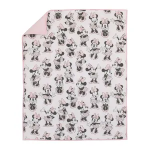 Disney Minnie Mouse 6 Piece Nursery Crib Bedding Set, Comforter, Two 100% Cotton Fitted Crib Sheets, Dust Ruffle, Baby Blanket, Changing Pad Cover, Pink, Grey & White