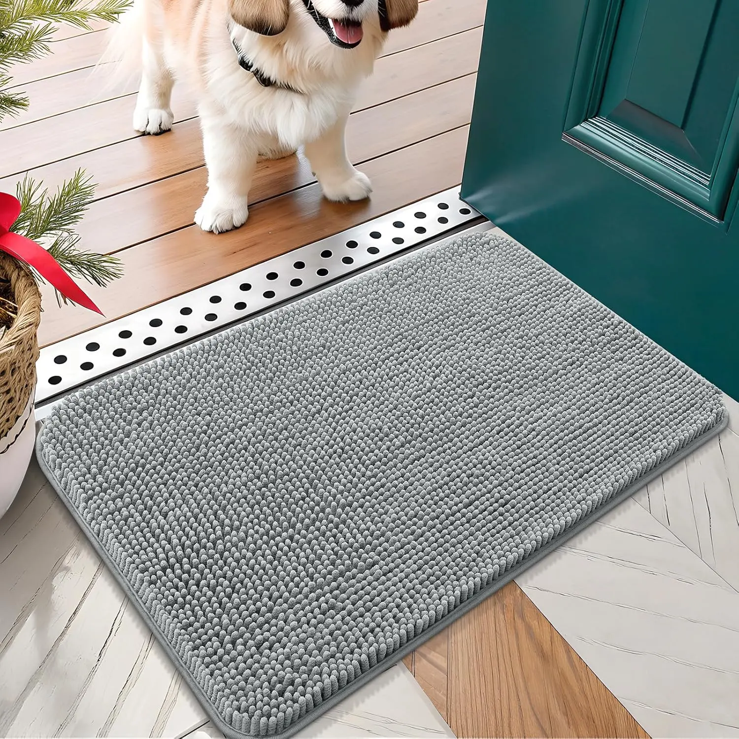 OLANLY Dog Door Mat for Muddy Paws 24X16, Absorbs Moisture and Dirt, Absorbent Non-Slip Washable Doormat, Quick Dry Chenille Mud Mat for Dogs, Entry Indoor Entryway Carpet for inside Floor, Grey