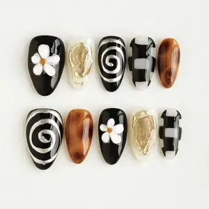EclatNails 10pcs Handmade Quality Press On Nails, Black & Brown Checkerboard with Silver Foil & Flower Details, Y2K Grunge Style Short Almond Fake Nails, Gothic Removable Nails for Daily & Party Use