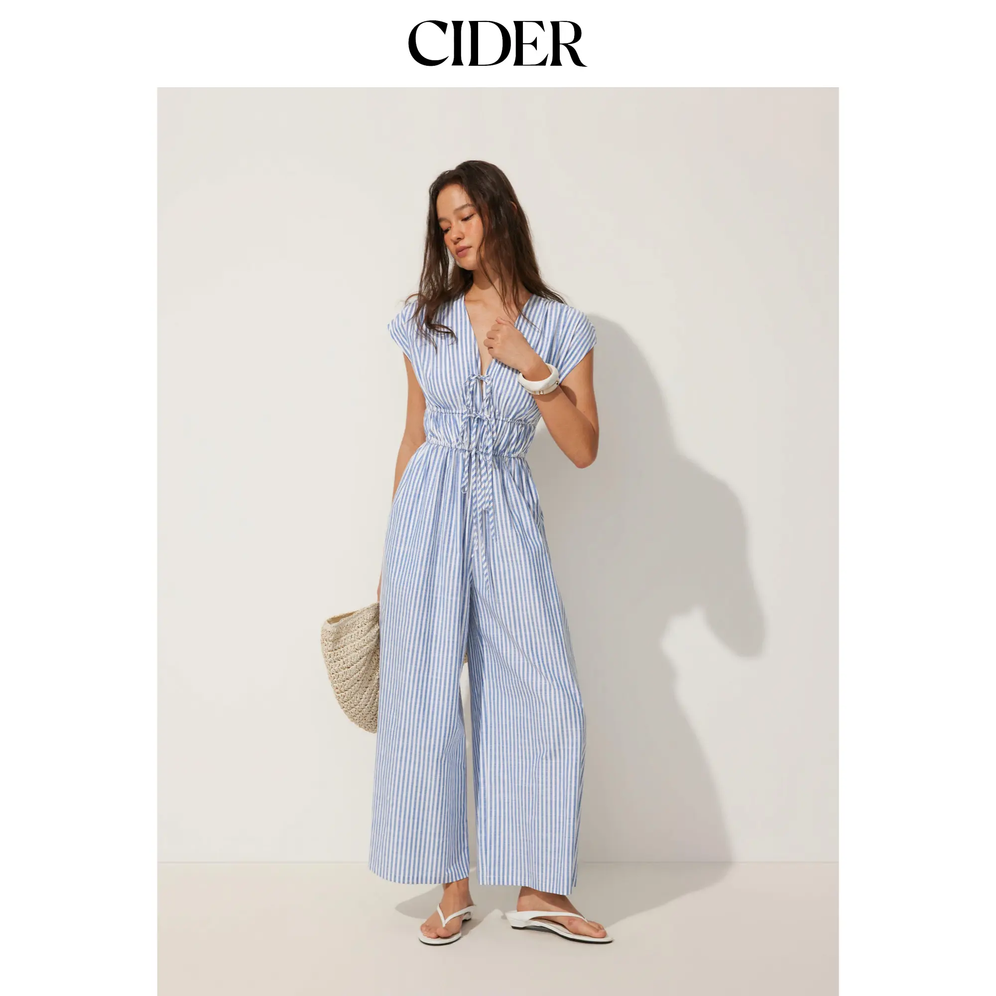 Cider Cotton-blend V-neck Stripes Drawstring Wide Leg Jumpsuit
