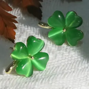 St. Patrick's Day Green Lucky 4-Leaf Clover Opal Stud Earrings 14K Gold Plated Ear Jewelry Festival Ornaments Gift