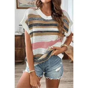 Stripe Color Block Eyelet Knit Short Sleeve Knit Top