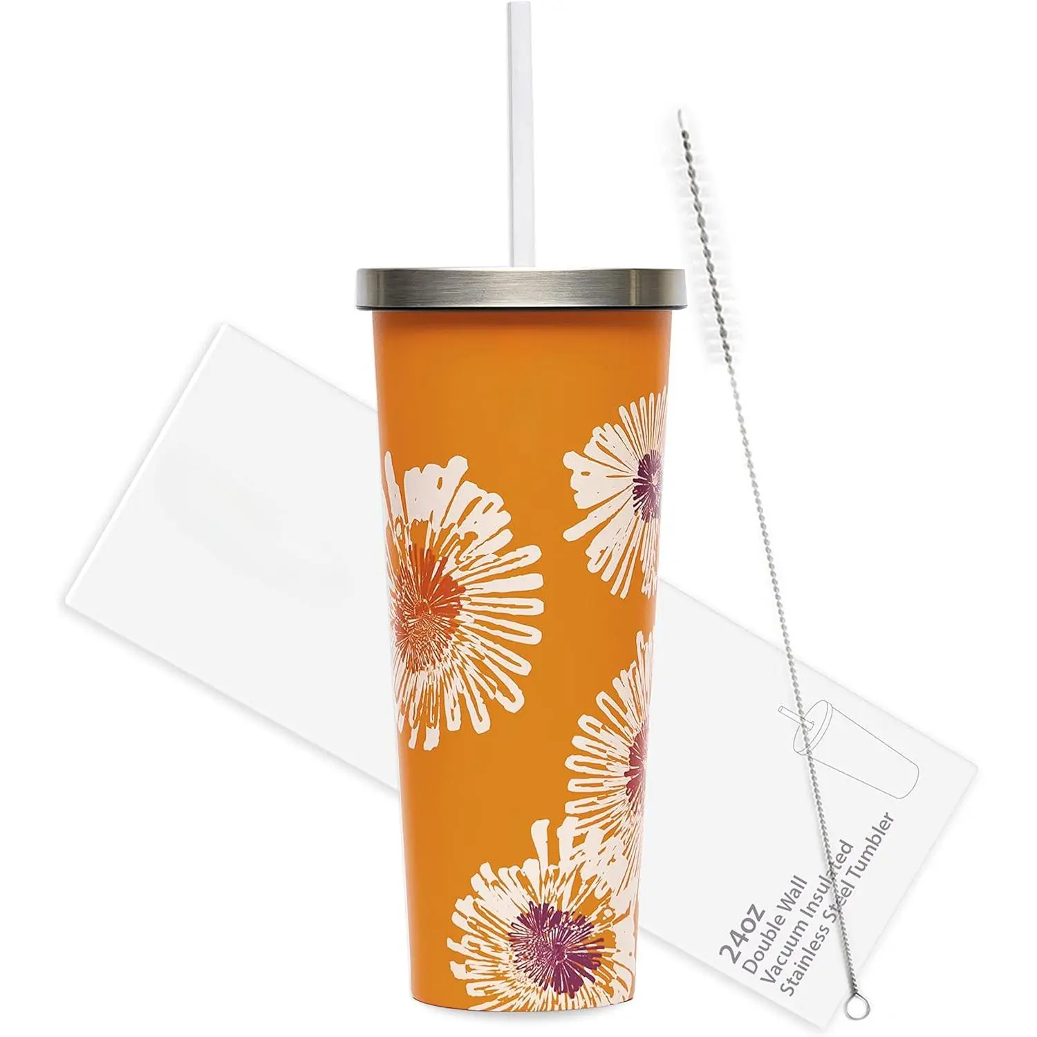 710ml (24oz) Portable Stainless Steel Double-Wall Vacuum Insulated Travel Mug with Straw, Lid, Embossed Grip - Orange Precious Bloom Modern Tumbler, Mother's Day Gift for Her