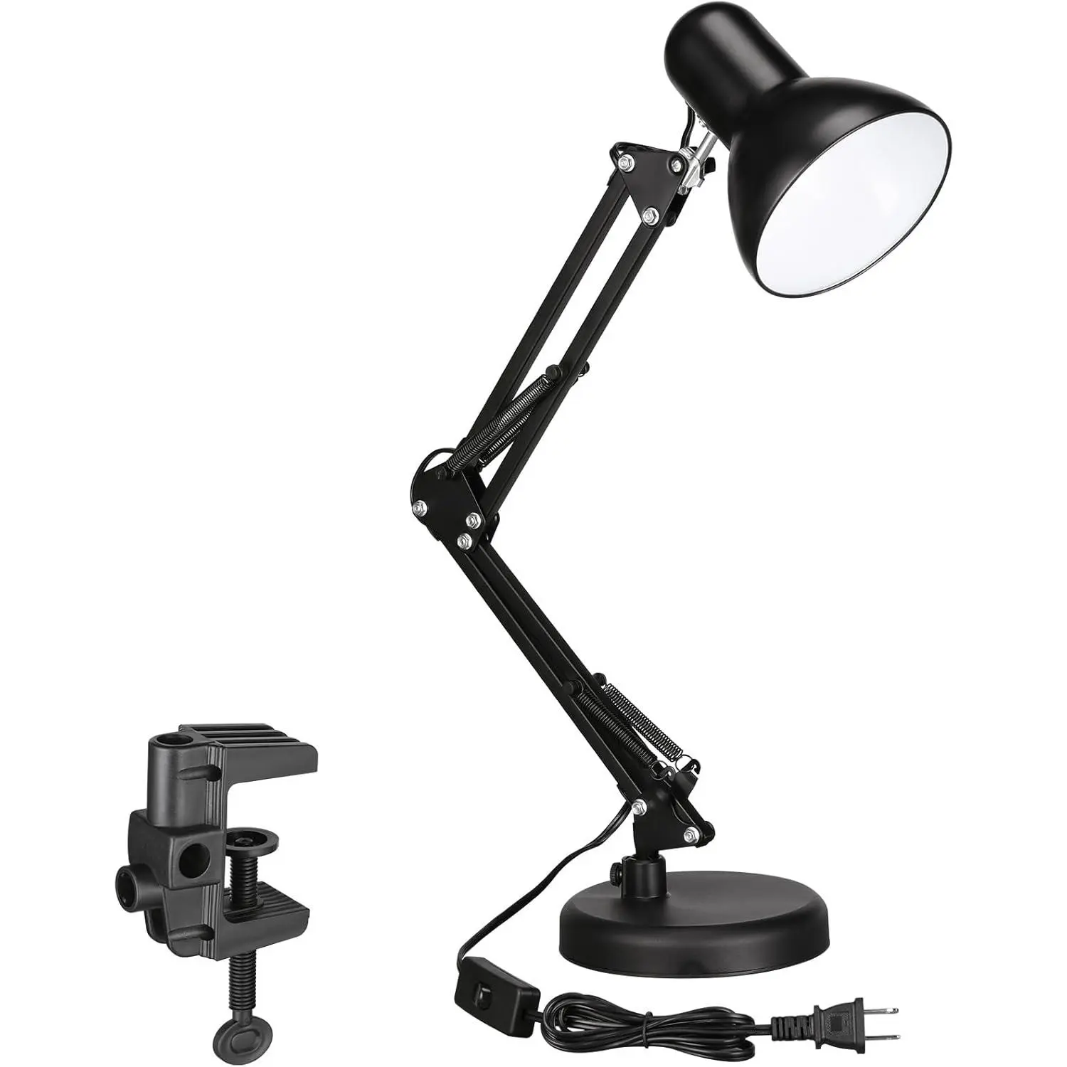 Black Iron Clip-On Light Lamp, Desk Lamp with Clamp, Multi-Joint Swing Arm, 18" Extended Arm, Adjustable Gooseneck, E26 Base, Rocker Switch, 40W Max, 55" Power Cable for Home Office, School Dorm Room