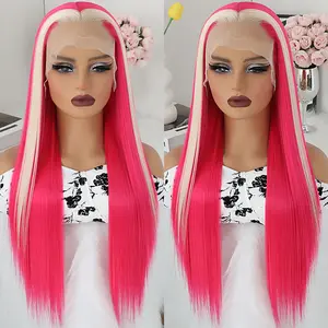 Hot Pink Lace Front Wig Highlights Straight Hair Blonde Skunk Stripe Hair Wig Heat Resistant Synthetic Lace Front Wigs for Fashion Women