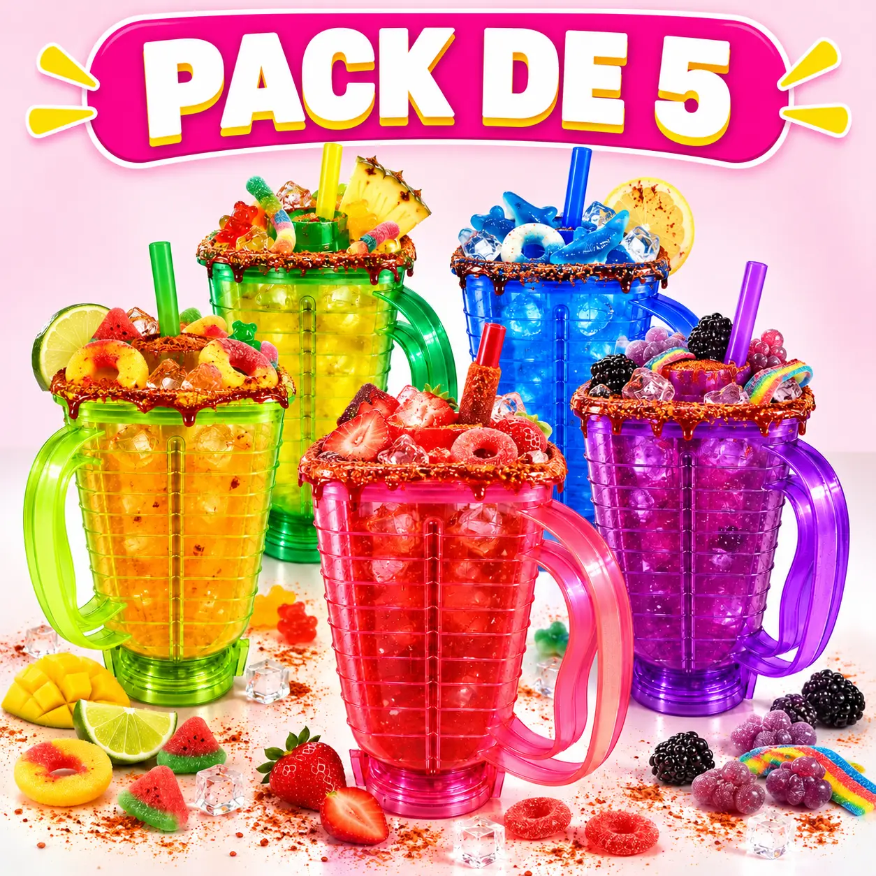 5-Unit 1250ml (42 oz) Ribbed Reusable Plastic Tumbler Pack, Washable Drinking Vessel with Lid, Assorted Colors, Licuachela Party Cups for Home & Festive Supplies, Five Units