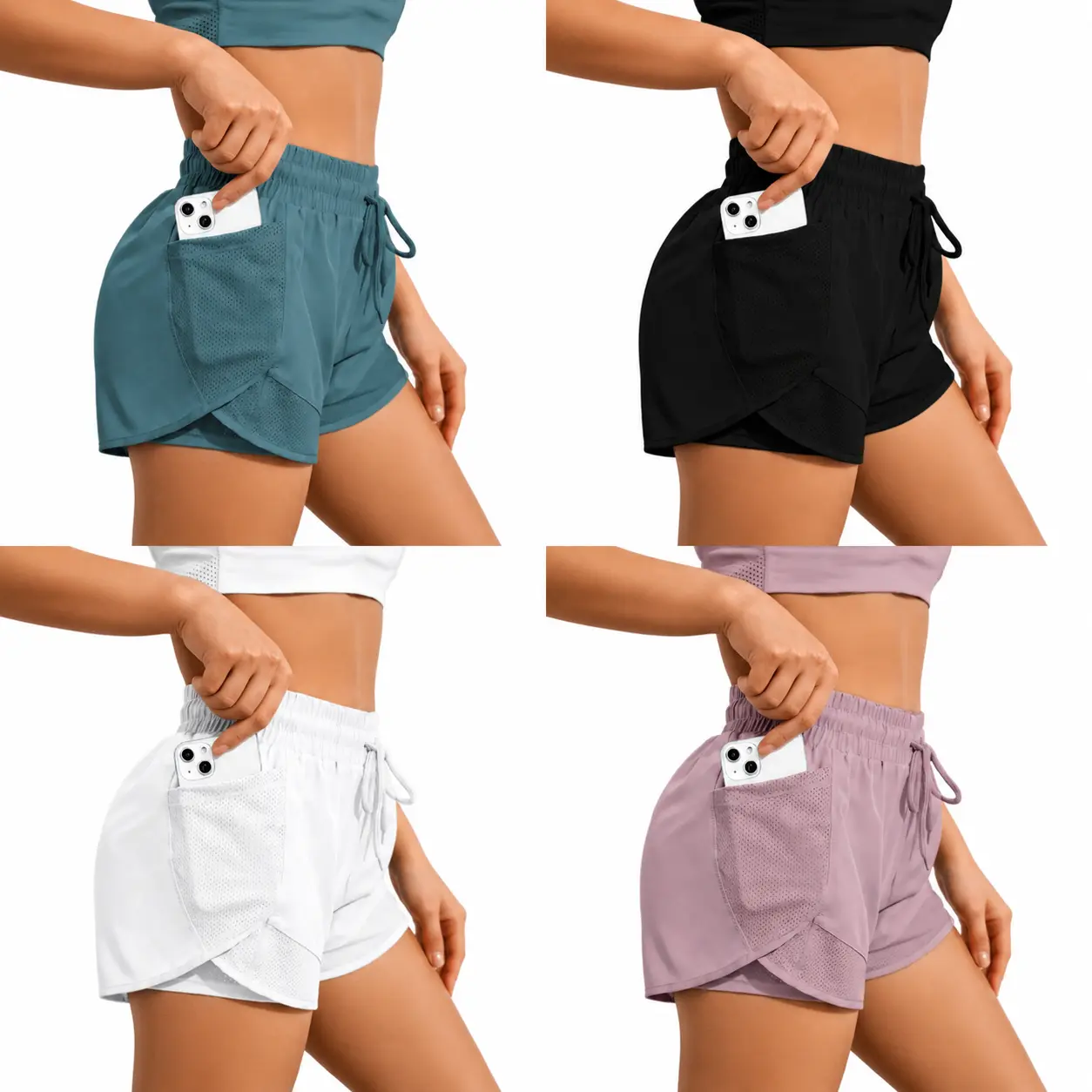 Women's 2 in 1 High Waisted Elastic Breathable Mesh Gym Outdoor Running Fashionable Casual Sports Lace Up Shorts