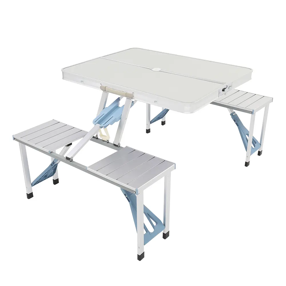 Silver Aluminum Foldable Integrated Picnic Table with Attached Stools - 1-Piece Camping Bench Combo, Anti-Wear Plastic Ft Pads, Compact Carry Outdoor Patio Table for Family Gatherings