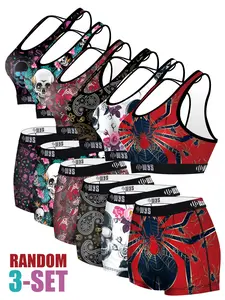 RANDOM  3-SET Women's Sports Bra Set, Wireless High Waist Underwear, Halloween Skull Spider Pattern, Breathable Quick-Dry, Gym Yoga Running Swim, Sportswear Set, Sports Clothing Set, Sporty Style Outfits