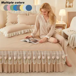 Luxury Lace Bedskirt Set with Tulip Design, Includes One Bedskirt and Two Pillowcases, Soft Breathable Fabric, All-Season Use, Soft Bedding Set