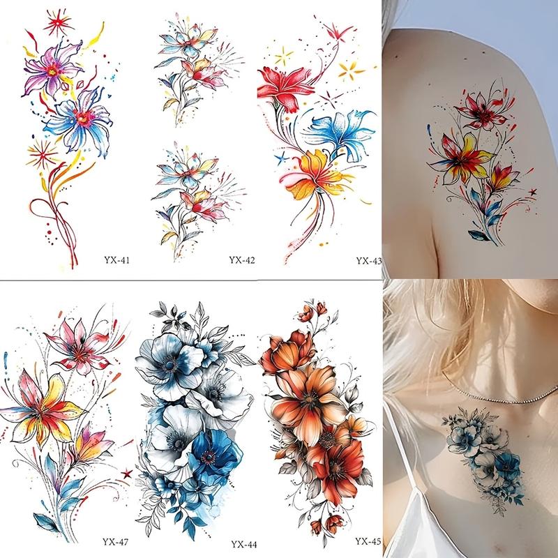 Women's Waterproof PVC Temporary Tattoo Stickers - 6-Sheet Set, Glitter Butterfly Flower Pattern, 8*4.5cm, Realistic Assorted, Nontoxic, Solid, Unscented, Casual Body Art for Arms Legs, Children-Suitable, No Battery Needed