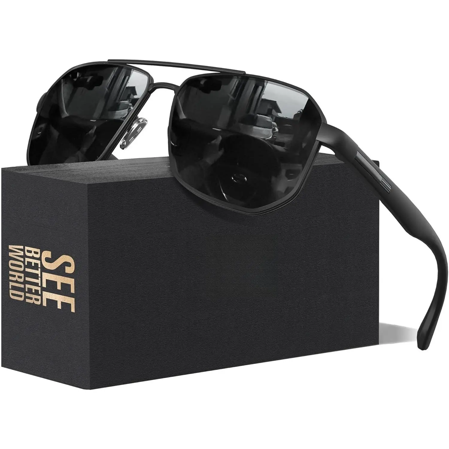 Men's Large Size 1-Piece Striped Frame Aviator Sunglasses - Square Polarized Polygon Lens, UV 400 Protection, Shatterproof, Driving & Outdoor Use, with Accessories, One-Piece