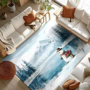 Cozy Snow Scene Rug for Living Room & Bedroom Decor, Soft Comfortable Non-Slip Mat, Festive Christmas Snowman Pattern, Perfect Holiday Atmosphere