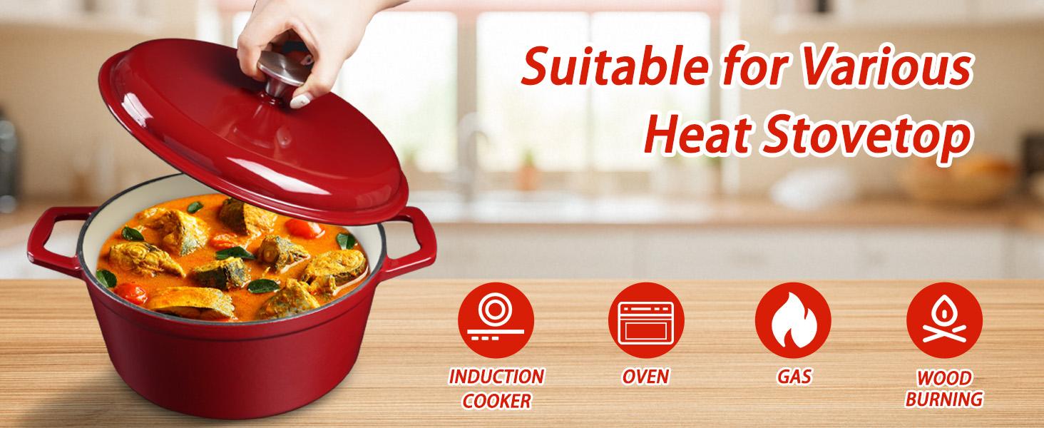 4.75QT Large Capacity Enameled Cast Iron Dutch Oven with Lid, Red Nonstick Pot, Suitable for Baking, Frying, and Stewing, Oven Safe up to 500°F