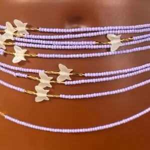 AAEssentials 50 Inches Butterfly Queen Waist Beads - Lavender Color with Gold Accents & White Butterfly Charms for Stylish Wear